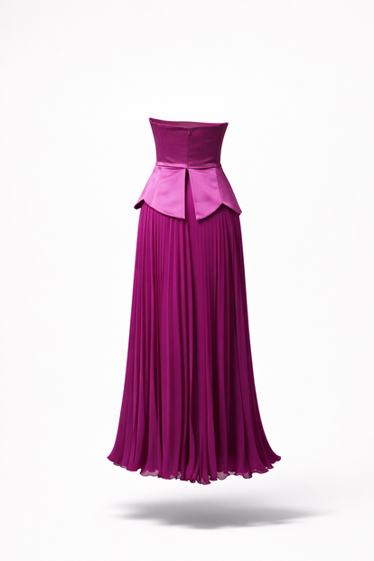 Fuchsia Strapless Pleated Evening Dress with Pearl Details